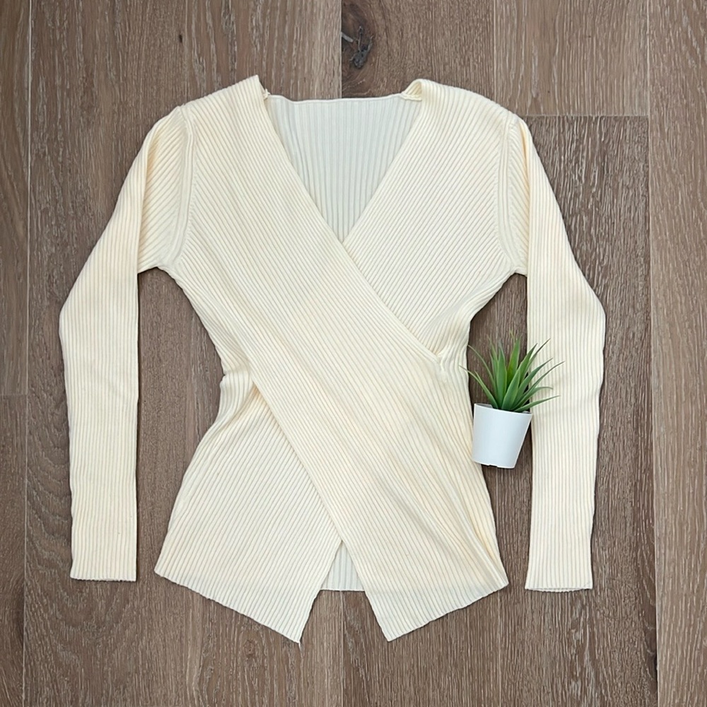 Cream Ribbed V-Neck Sweater